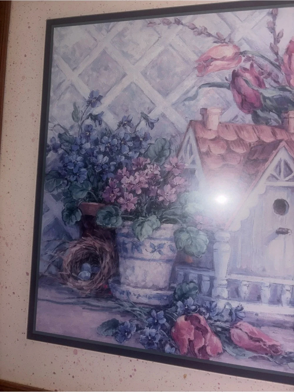 Vintage Floral Print titled Birdhouse Blessings By Barbara Mock